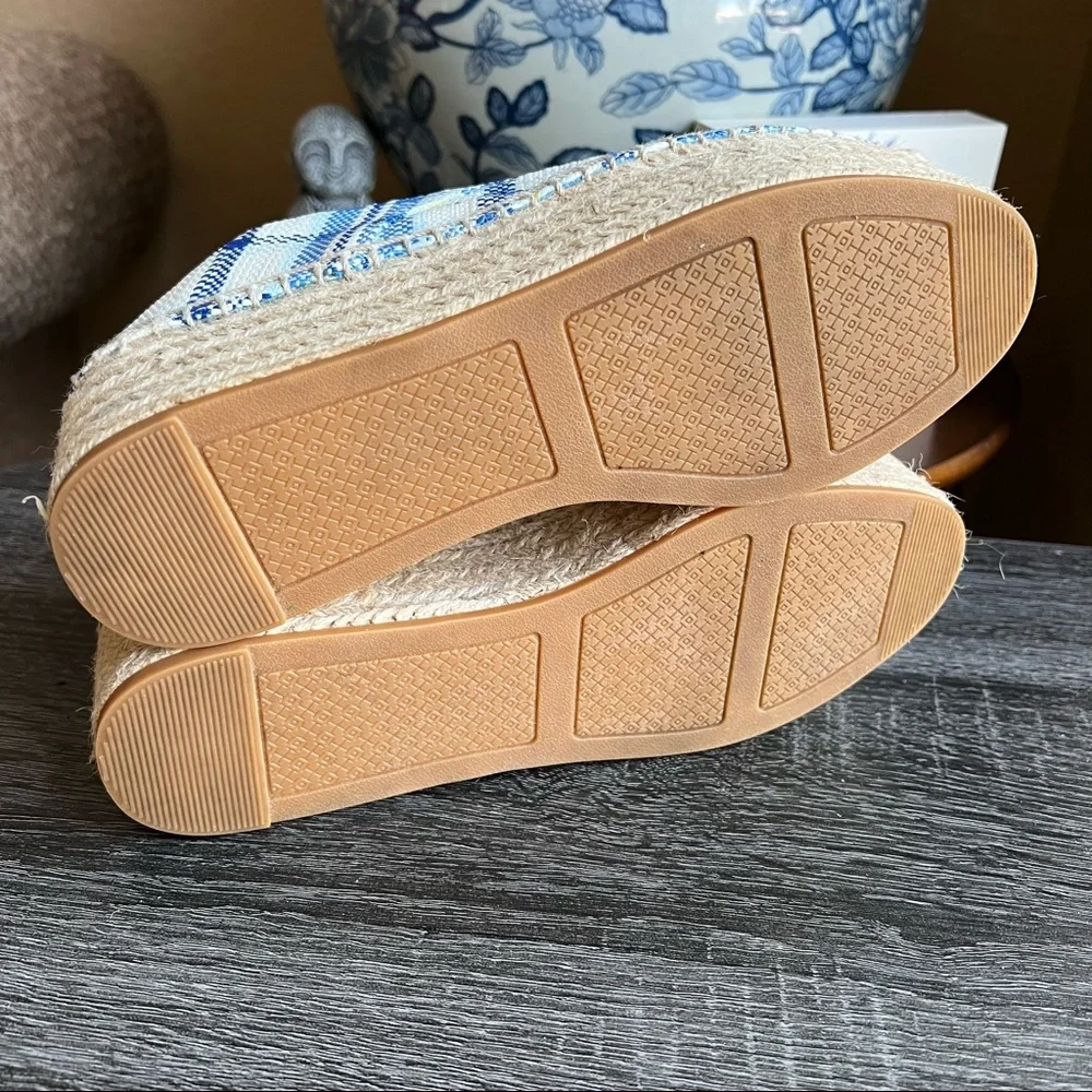 Tory Burch Florence Blue Plaid Platfrom Lace Up Espadrilles US6.5 Used Once!!